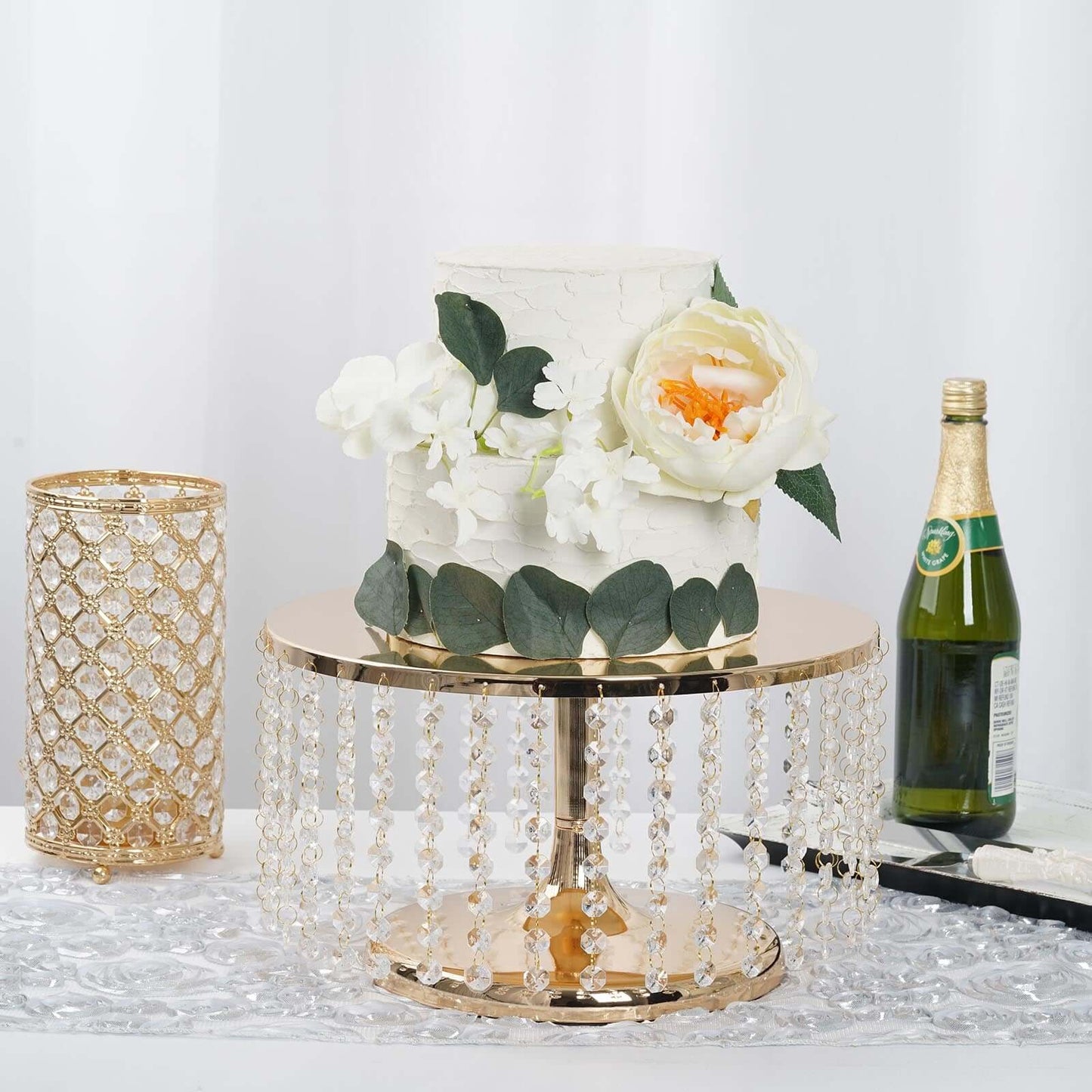 Metal Cake Stand Round Design Metallic Gold with Crystal Chains 14" Dia - Cupcake Dessert Pedestal 8" Tall - Linen Luxes