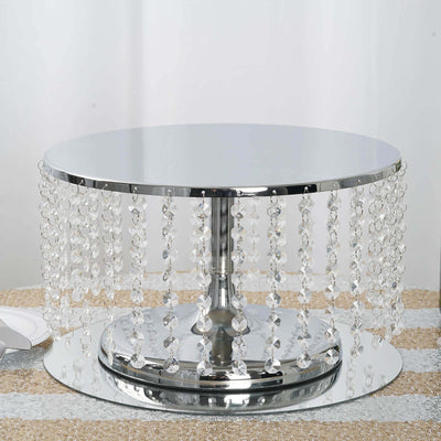 Metal Cake Stand Round Design Metallic Silver with Crystal Chains 14" Dia - Cupcake Dessert Pedestal 8" Tall - Linen Luxes