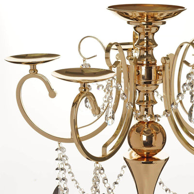 Metal Candelabra 5 Arm Design Gold with Hanging Crystal Drops - Table Centerpiece for Events 27" - Linen Luxes