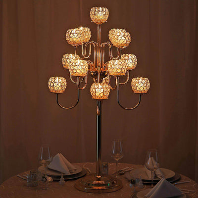 Metal Crystal Beaded Candelabra Gold 13 Arm Design - Table Centerpiece for Events 40" - Linen Luxes