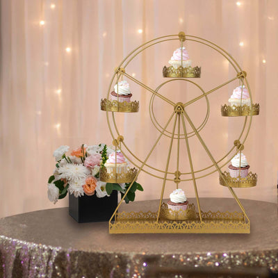Metal Ferris Wheel Cupcake Holder Gold - Large Decorative Rotating Dessert Display Stand for Carnival - Themed Events Baby Showers & Weddings 23" - Linen Luxes