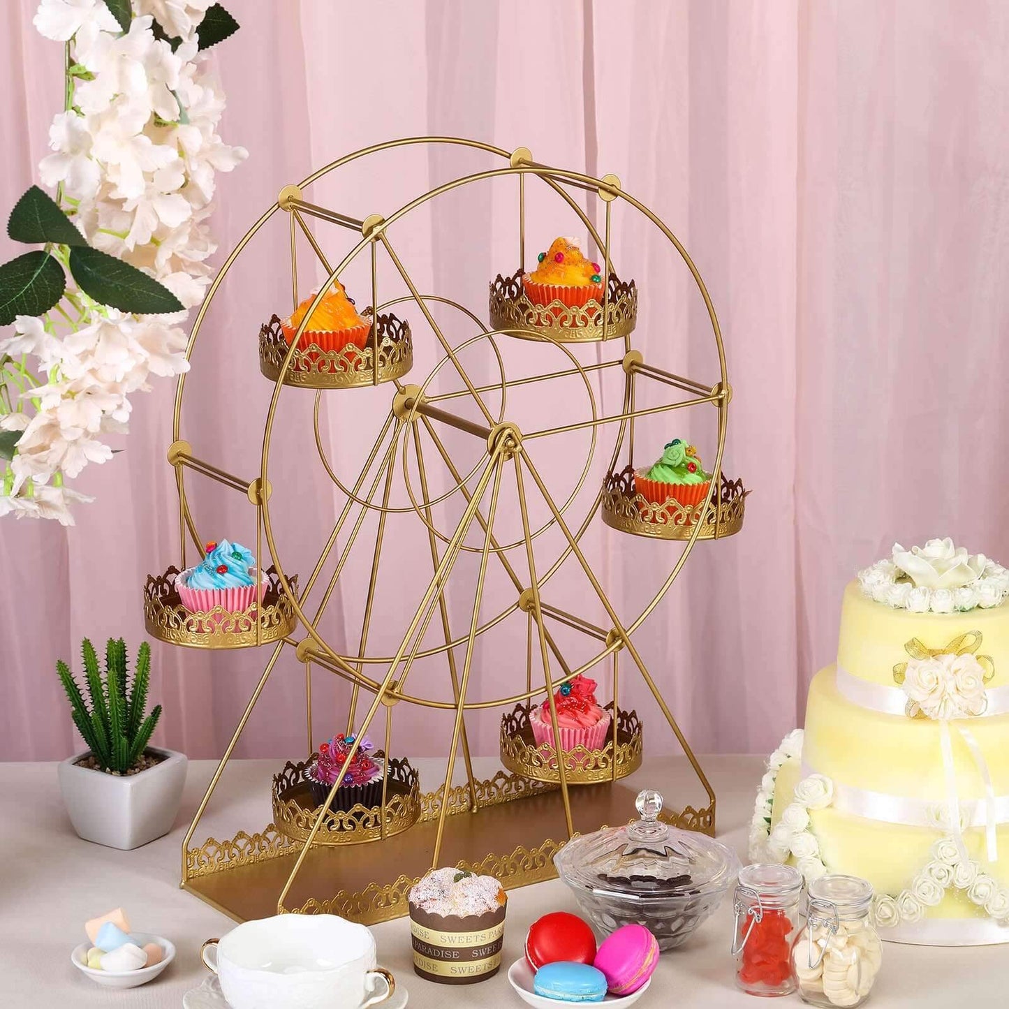 Metal Ferris Wheel Cupcake Holder Gold - Large Decorative Rotating Dessert Display Stand for Carnival - Themed Events Baby Showers & Weddings 23" - Linen Luxes