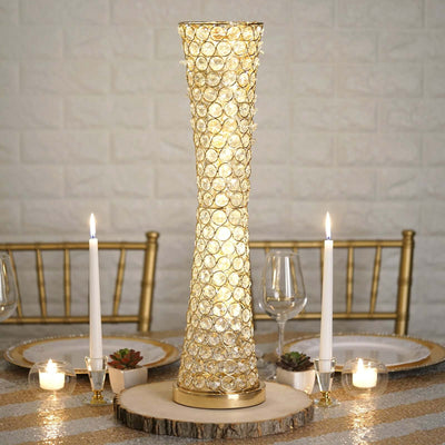 Metal Hurricane Floral Vase Centerpiece Metallic Gold with Crystal Beaded Design - Table Decorative Stand 24" - Linen Luxes