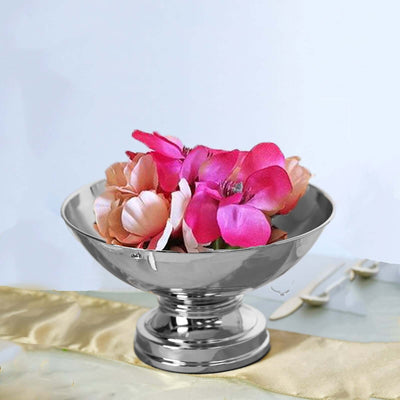 Metal Pedestal Flower Pot Round Design Metallic Silver - Floating Candle Bowl and Display Dish 12" - Linen Luxes