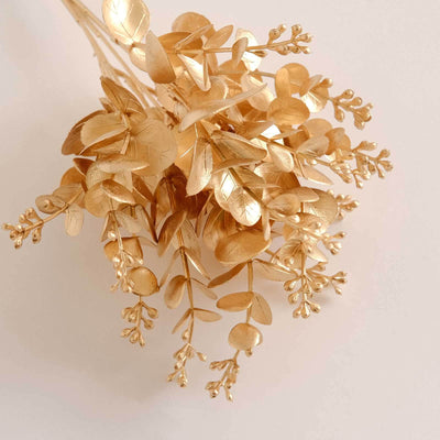 4-Pack Artificial Eucalyptus Leaves Decor Metallic Gold - Vibrant Faux Plant Spray Bush for Bridal Bouquets Floral Arrangements & Event Styling 12"