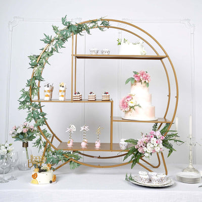 Metal Round Cake Dessert Display Stand 4ft Gold - Sturdy Large Modern Shelf Rack for Event Backdrops Balloon Garlands Floral Installations & Bookcase