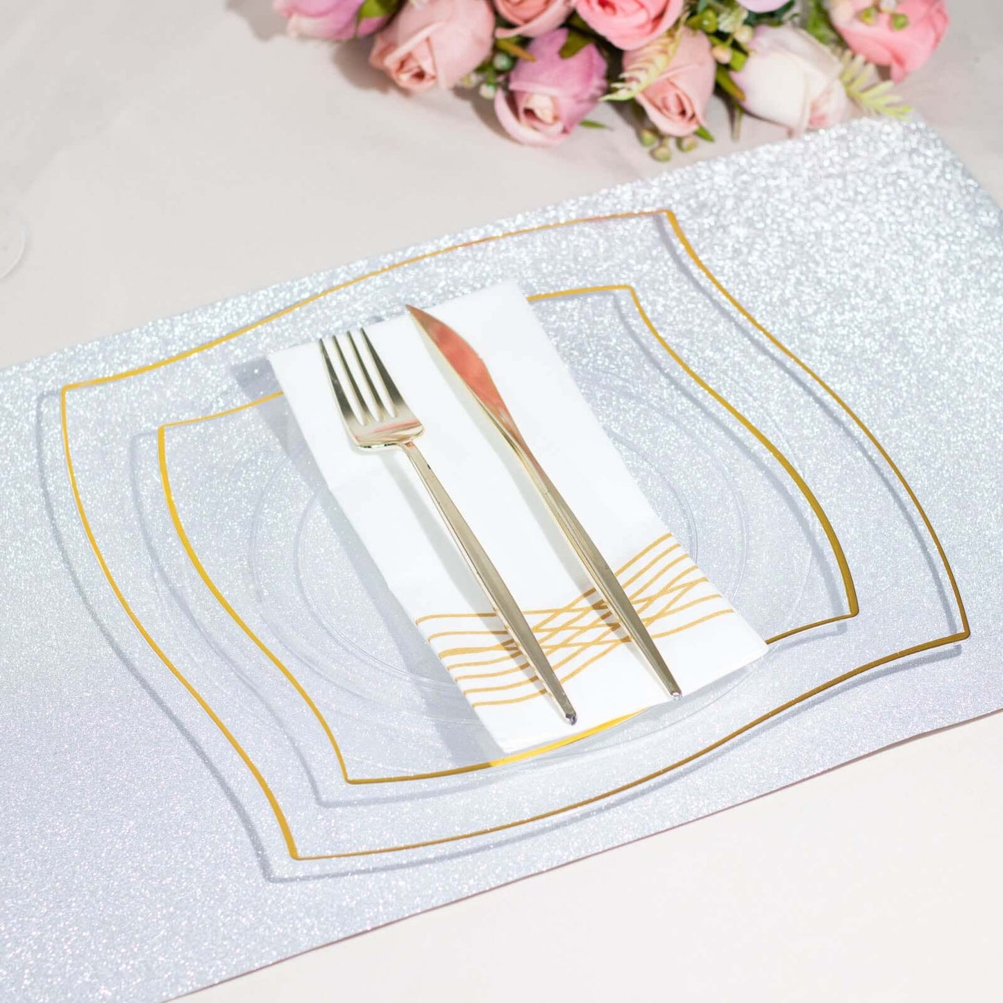 10-Pack Plastic 8" Square Dessert Plates in Clear with Gold Wavy Rim Modern - Disposable Salad Appetizer Party Plates