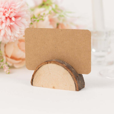 Set of 10 Wood Place Card Holders Rustic Semicircle Design Natural with Brown Paper - Wedding Table Number Display 2.5"
