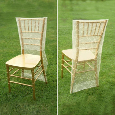 Organza Chair Slipcover with Satin Embroidery for Chiavari Chairs Ivory - Chair Back Cover - Linen Luxes