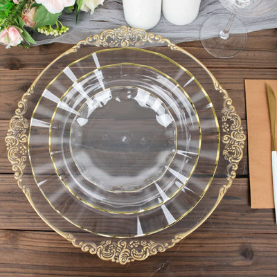 10-Pack Plastic 11" Round Dinner Plates in Clear Ruffled Rim with Gold Edging - Sturdy Disposable Dinnerware
