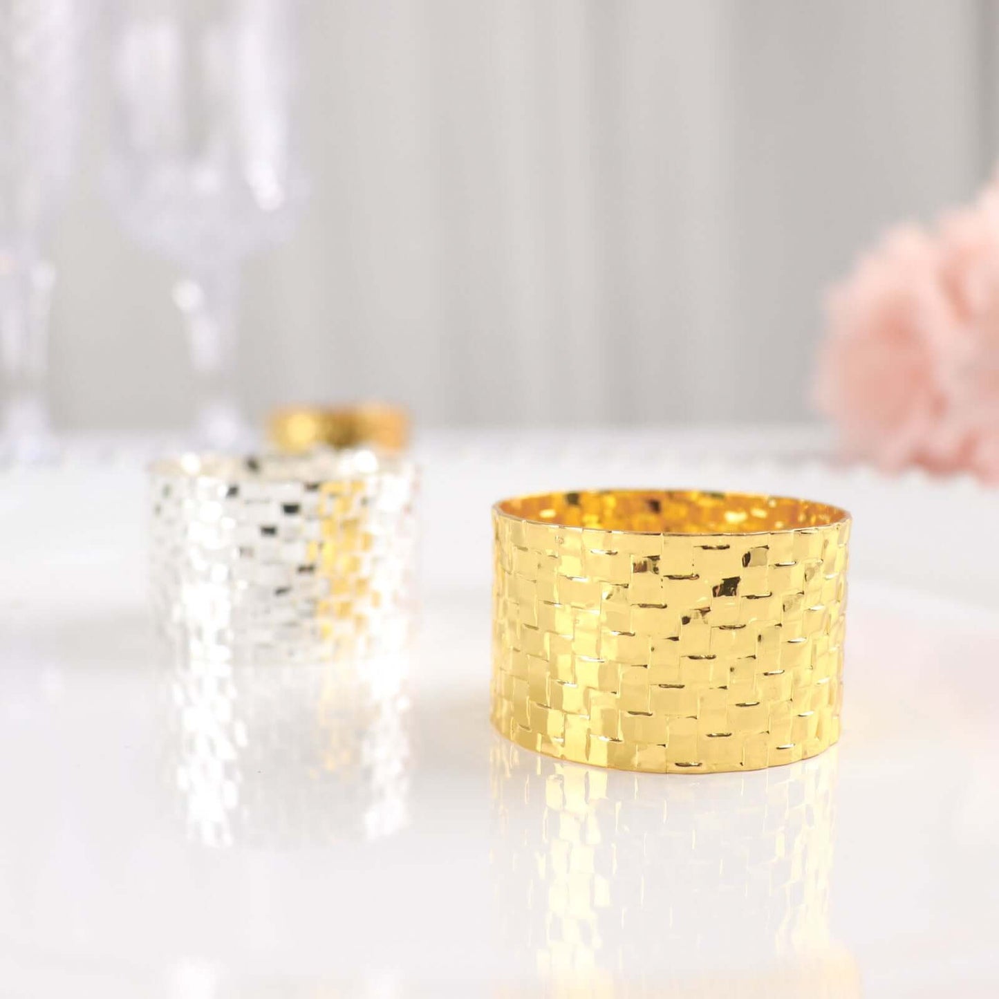 4 Pack Shiny Gold Basket Weave Napkin Rings, Metallic Napkin Holders