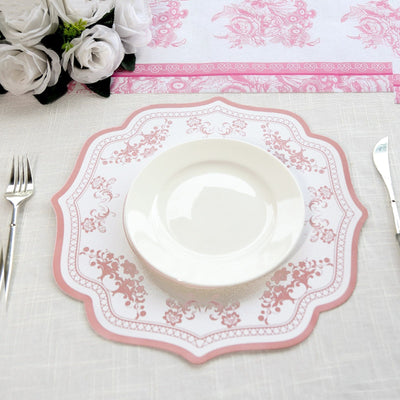 10-Pack Disposable Table Placemats 13" Round Placemats in White with Pink Damask Floral Pattern & Scalloped Rim - 400GSM Cardboard Placemats for Stylish Table Setting