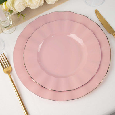 10-Pack Plastic 9" Round Dinner Plates in Dusty Rose Ruffled Rim with Gold Edging - Sturdy Disposable Dinnerware