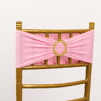 5 Pack Spandex Chair Sashes Pink with Gold Rhinestone Buckles - Reusable Four-Way Stretch Sash Bands 5"x14"