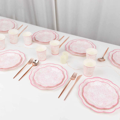 75 Pcs Paper Plates and Cups Set in White with Pink Vintage Floral Print - Disposable Party Supplies Kit for Baby Showers & Floral Themed Events