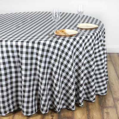 Polyester 108" Round Tablecloth White/Black - Checkered Buffalo Plaid Table Cover - Linen Luxes