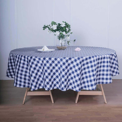 Polyester 108" Round Tablecloth White/Navy Blue - Checkered Buffalo Plaid Table Cover - Linen Luxes