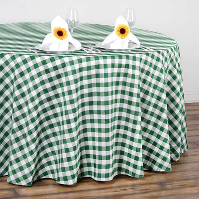 Polyester 120" Round Tablecloth White/Green Seamless - Checkered Buffalo Plaid Table Cover - Linen Luxes