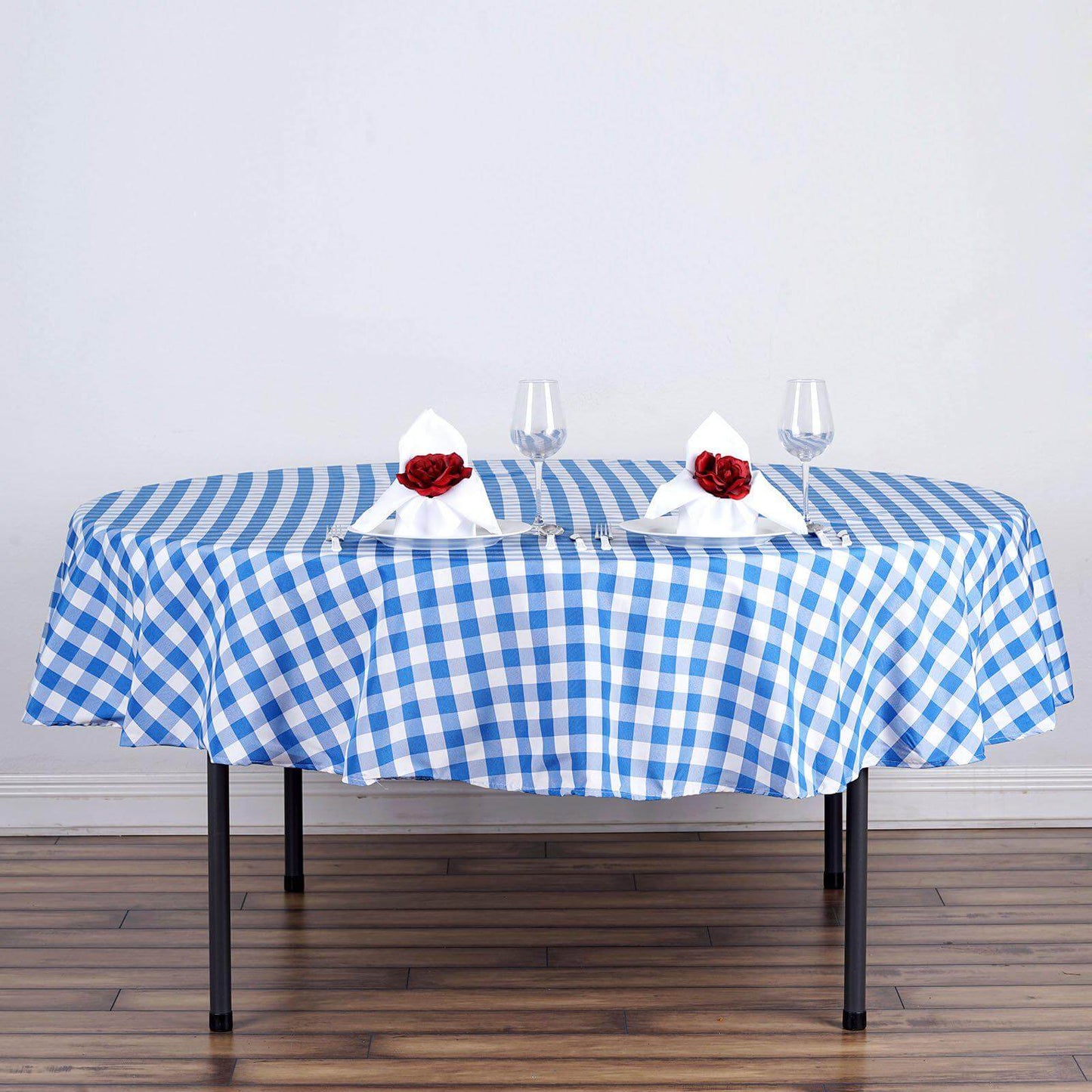 Polyester 70" Round Tablecloth White/Blue - Checkered Buffalo Plaid Table Cover - Linen Luxes