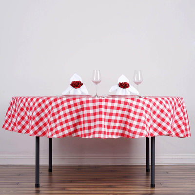 Polyester 90" Round Tablecloth White/Red - Checkered Buffalo Plaid Table Cover - Linen Luxes