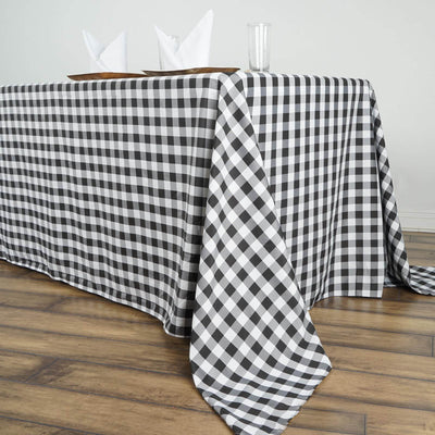 Polyester 90"x156" Rectangle Tablecloth White/Black - Seamless Checkered Buffalo Plaid Design for Rustic Occasions - Linen Luxes