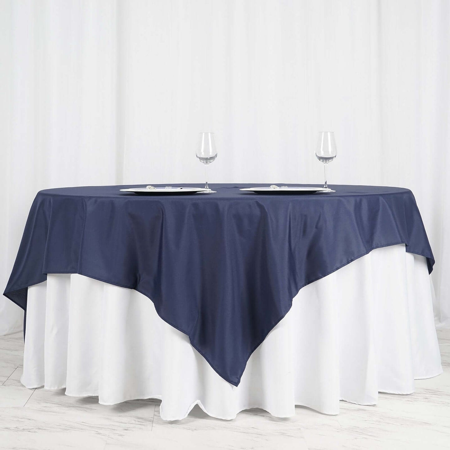 Polyester 90"x90" Table Overlay Square Tablecloth Navy Blue - Wrinkle - Resistant & Durable Table Cover - Linen Luxes
