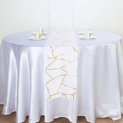 Polyester 9ft Table Runner White with Gold Foil Geometric Pattern - Modern & Stylish Table Decor - Linen Luxes