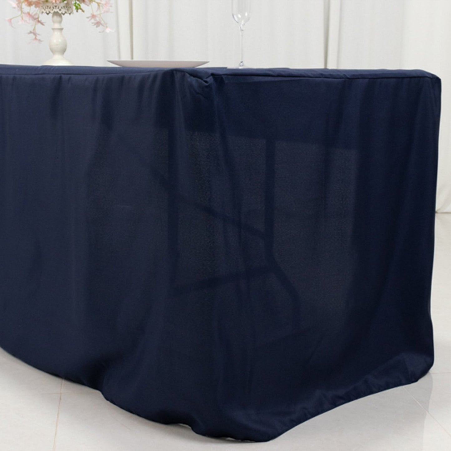 Fitted Polyester 96"x30" Rectangle Tablecloth Navy Blue with Open Back Design - Easy to Maintain and Wrinkle-Resistant Table Cover for Trade Shows & Displays