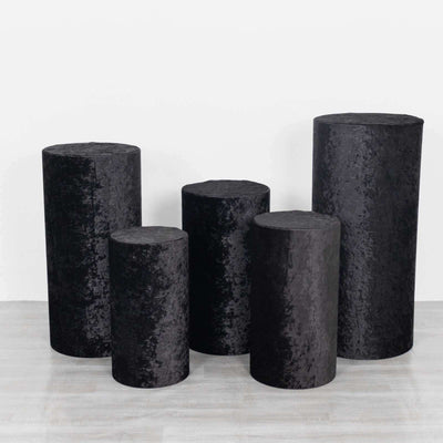 Set of 5 Black Crushed Velvet Cylinder Pedestal Stand Covers, Premium Pillar Prop Covers