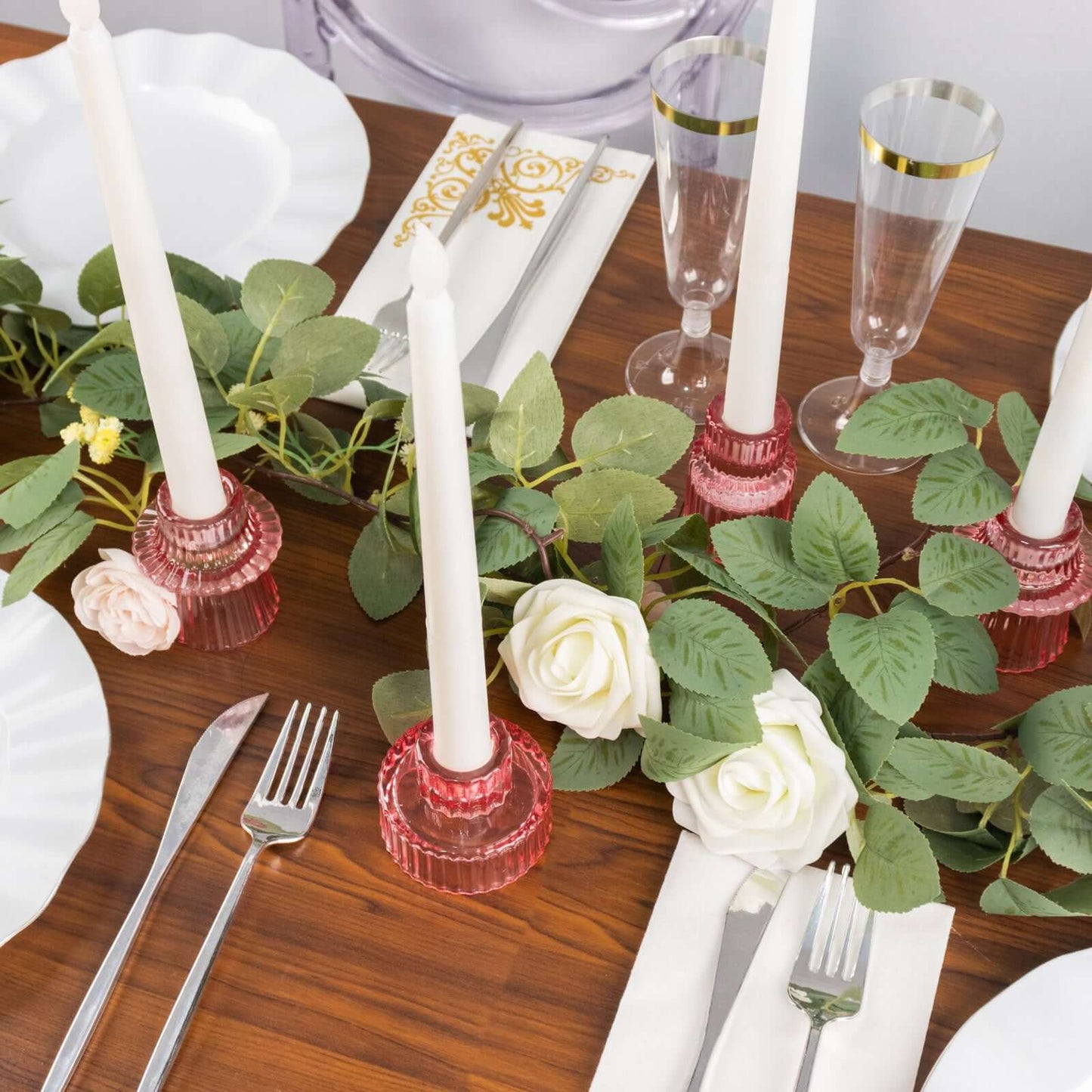 Set of 6 Glass Taper Candle Holders Ribbed Crystal Design Pink - Reversible Mini Votive Tealight Stands 3"