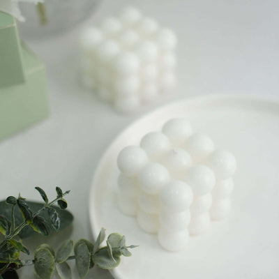 2-Pack Decorative Paraffin Wax Candles Bubble Cube Design White - Unscented Long Burning Pillar Candle Set 2"