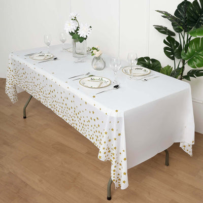 5-Pack Plastic Table Covers White Rectangle with Gold Stars - Decorative PVC Disposable Tablecloths 54"x108"