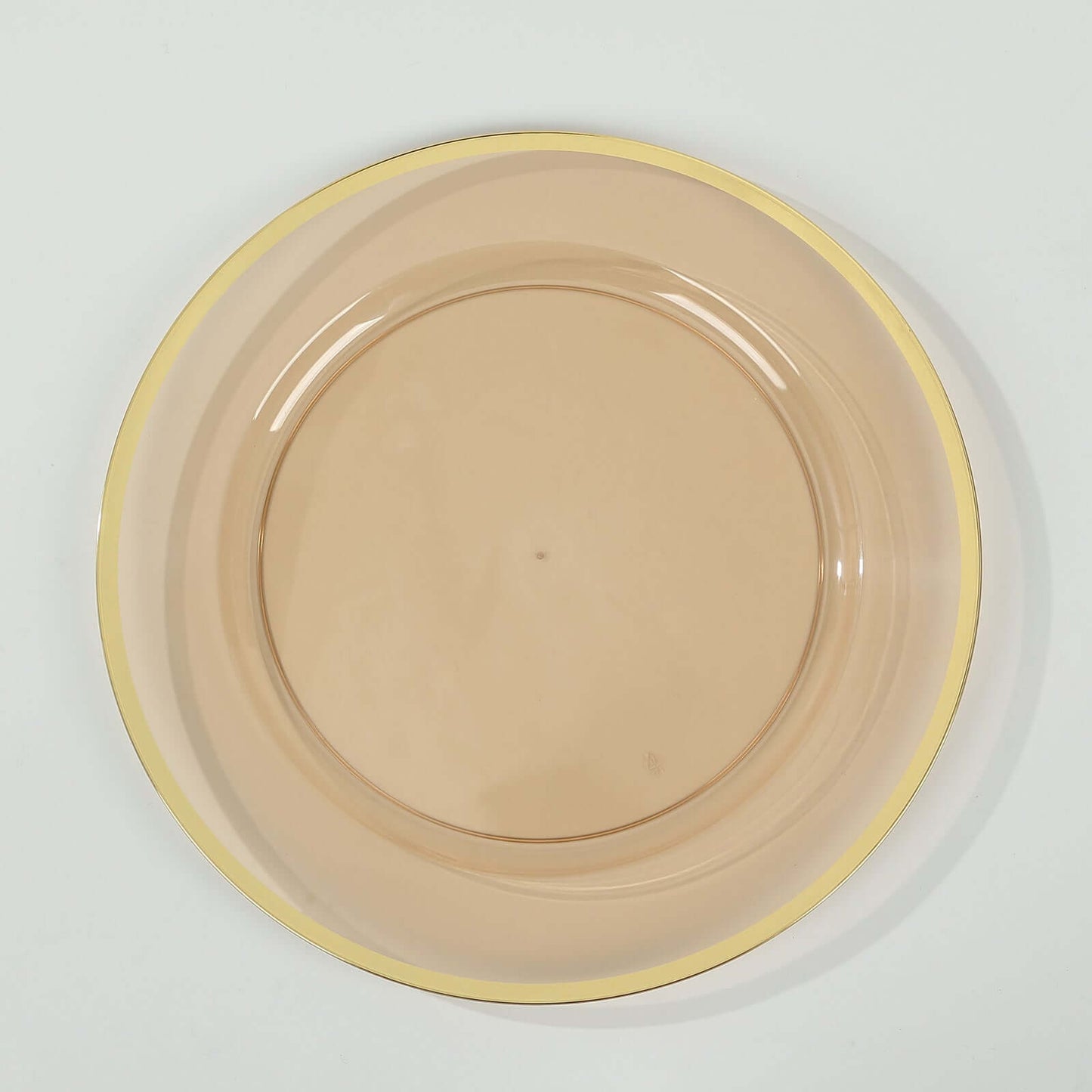 10-Pack Economy Plastic Round Charger Plates 12" in Transparent Amber Gold with Wide Gold Rim, Decorative Dinner Party Serving Plates