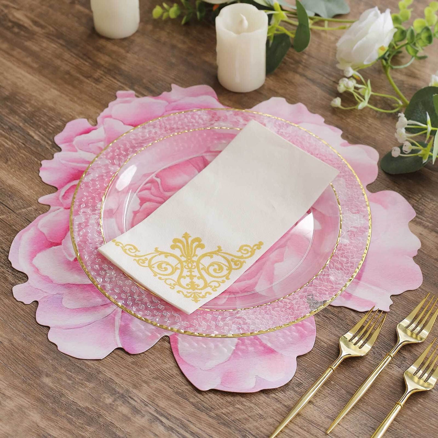10-Pack Disposable Table Placemats with Pink Peony Flower Print - 400GSM Floral Cardboard Placemats for Dinner Parties & Gatherings 14"