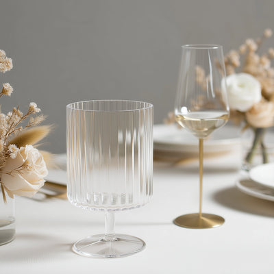 12-Pack Plastic Goblets Clear Vintage Ribbed Pattern Short Stem - Reusable Wine Glasses 12oz