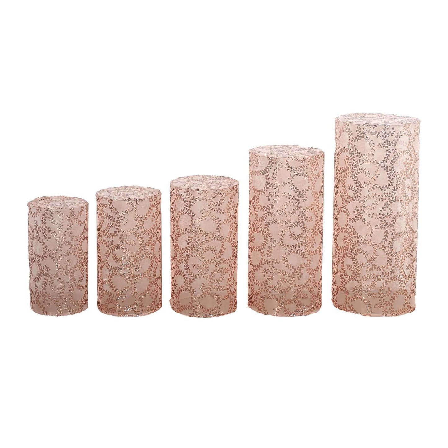 Set of 5 Rose Gold Sequin Mesh Cylinder Pedestal Stand Covers with Leaf Vine Embroidery, Sparkly Sheer Tulle Pillar Prop Covers
