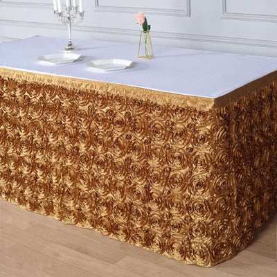 Rosette Satin 21ft Table Skirt Gold - 3D Floral Table Cover - Linen Luxes