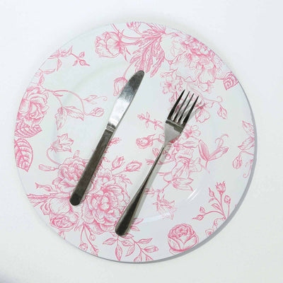 6-Pack Acrylic Round Charger Plates 13" in White with Pink Floral French Toile Pattern, Decorative Dinner Party Charger Tableware