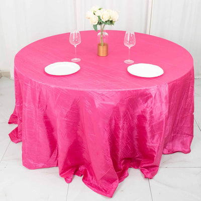 Taffeta 132" Round Tablecloth Fuchsia - Seamless Accordion Crinkle Table Cover