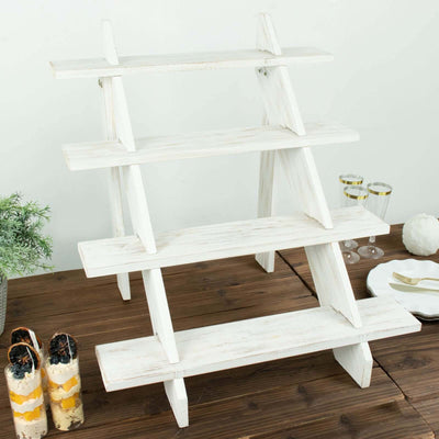 4-Tier Wooden Ladder Shelf Whitewashed Rustic Design - Cascading Stair Step Dessert Display Cupcake Holder 21"