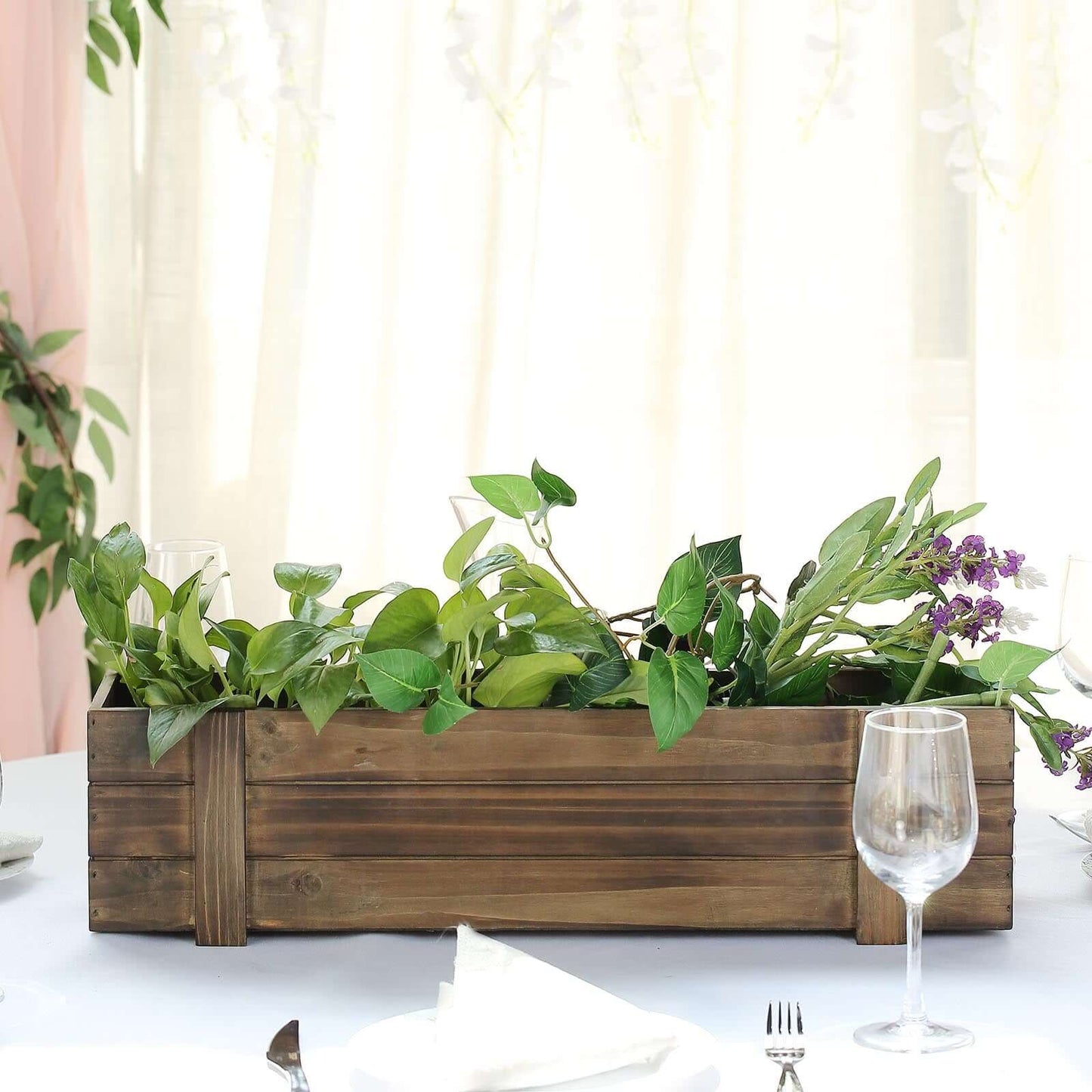 Rustic Wood Planter Box Smoked Brown - Durable Event Decor with Removable Plastic Liner 24"x6" - Linen Luxes