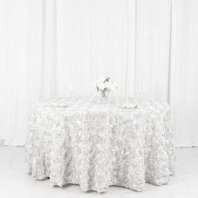 Satin 120" Round Tablecloth White - Grandiose 3D Rosette Design with Seamless Finish for Luxe Events - Linen Luxes