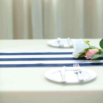 Satin 12"x108" Table Runner Navy Blue/White Stripe - Classic Striped Design - Linen Luxes
