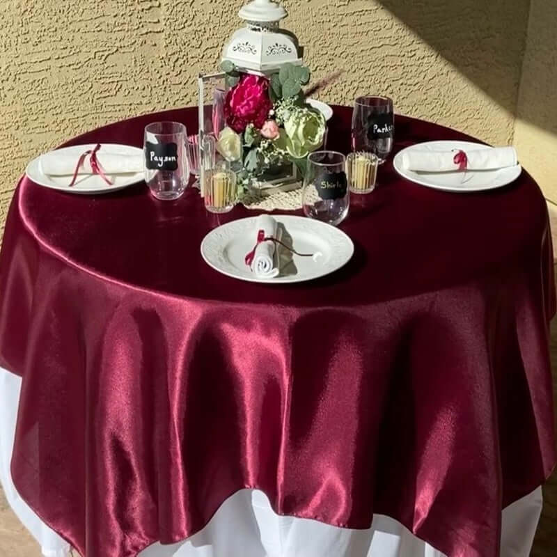 Satin 60"x60" Table Overlay Square Tablecloth Burgundy - Smooth Silky Touch Table Cover - Linen Luxes