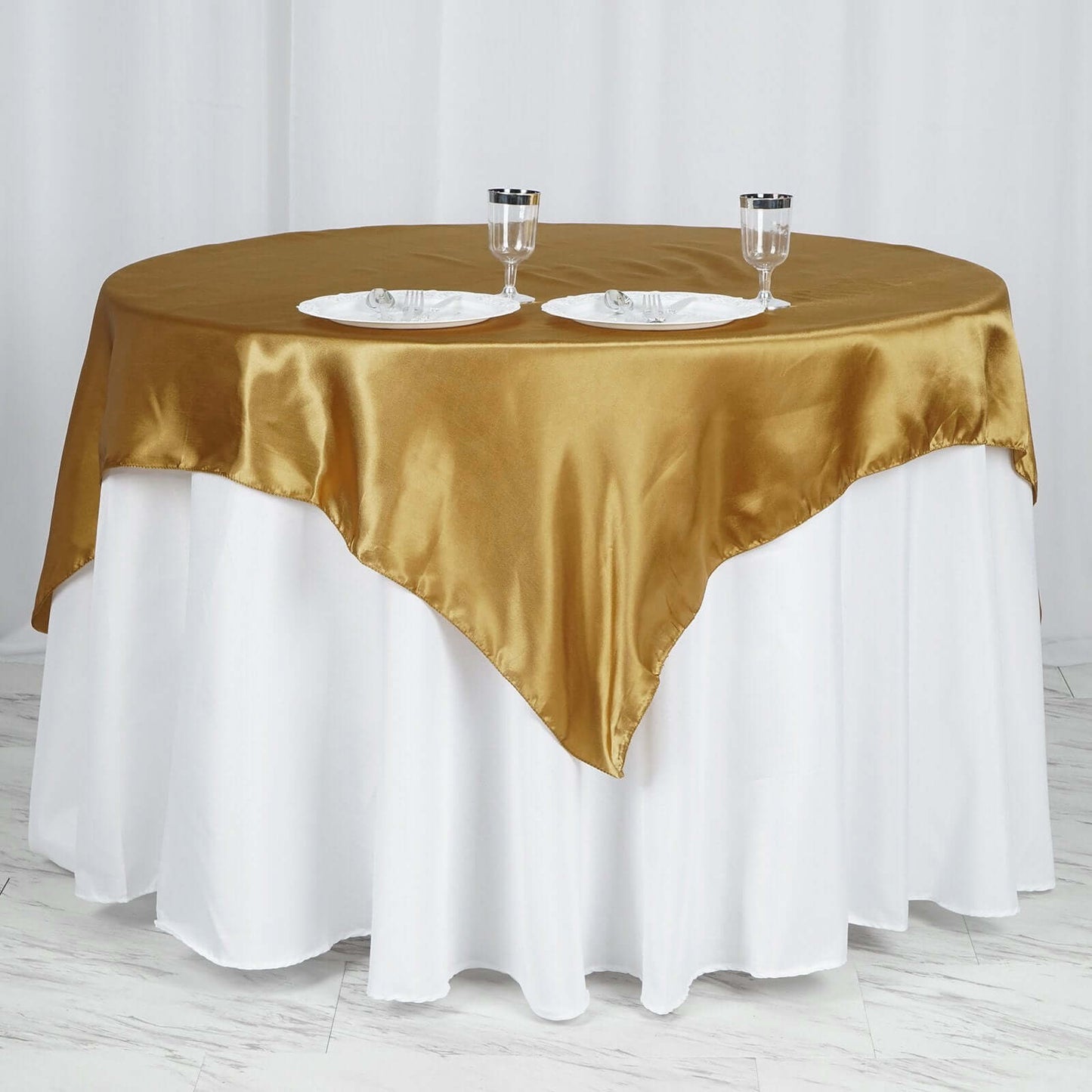 Satin 60"x60" Table Overlay Square Tablecloth Gold - Smooth Silky Touch Table Cover for Sophisticated Events - Linen Luxes