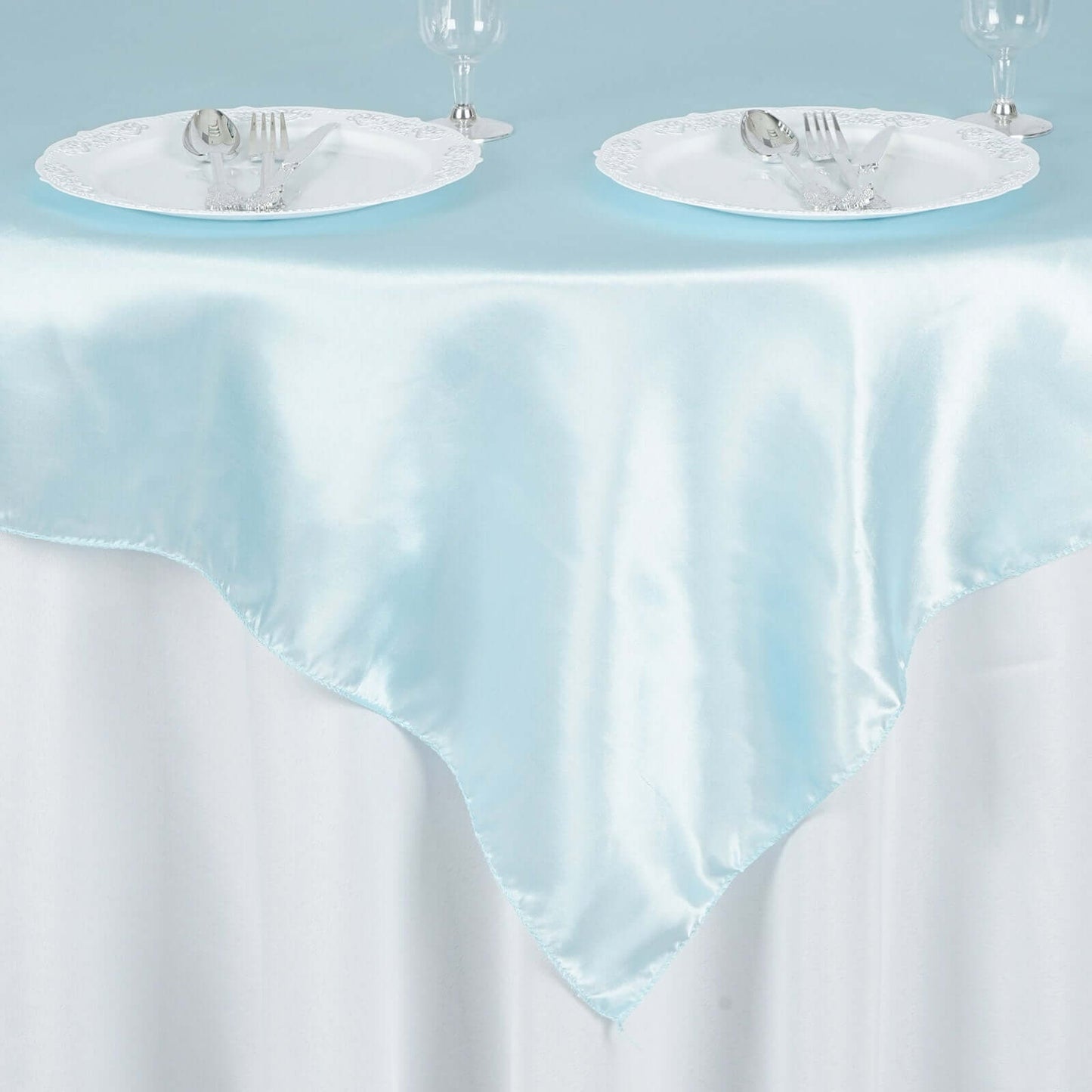 Satin 60"x60" Table Overlay Square Tablecloth Light Blue - Smooth Silky Touch Table Cover - Linen Luxes