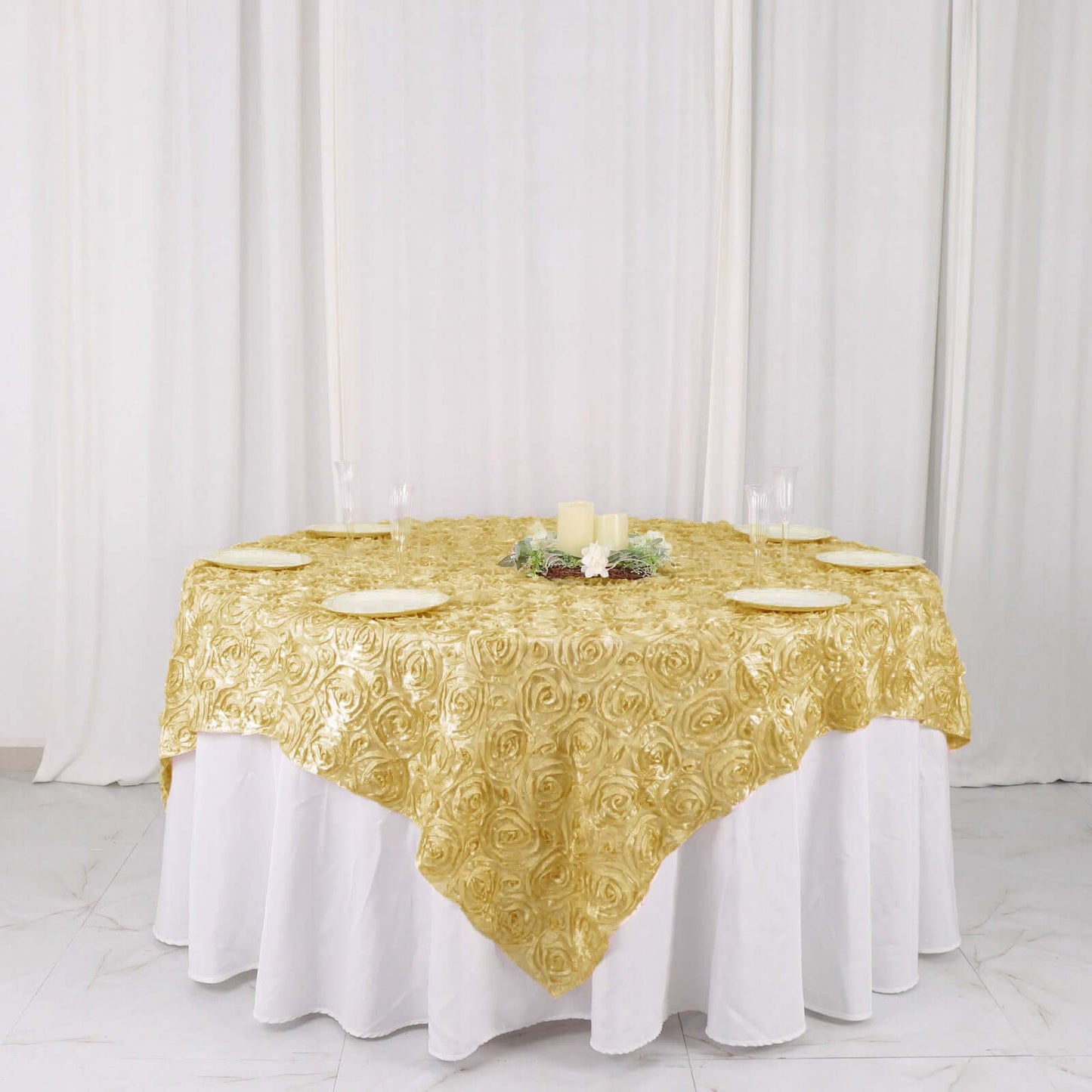 Satin 72"x72" Table Overlay Square Tablecloth Champagne - 3D Rosette Table Cover - Linen Luxes