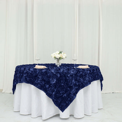 Satin 72"x72" Table Overlay Square Tablecloth Navy Blue - 3D Rosette Table Cover - Linen Luxes