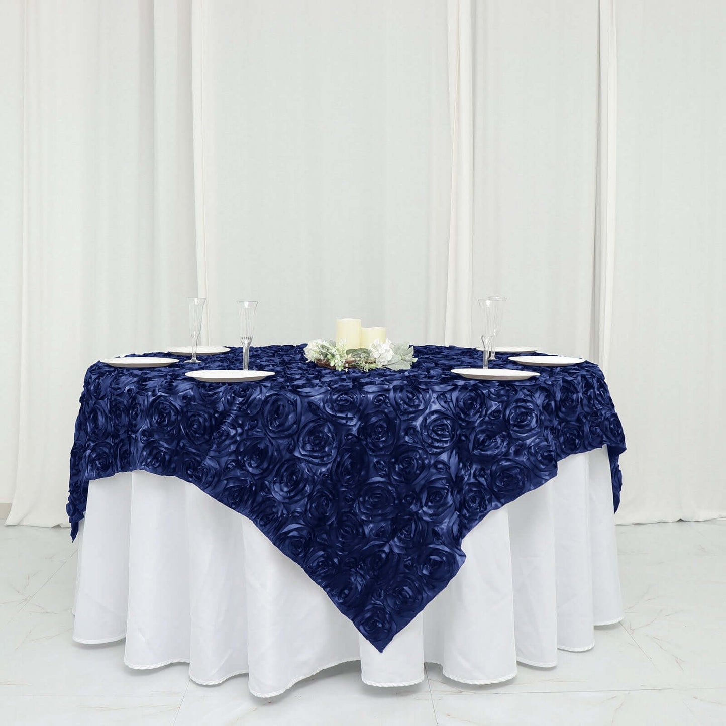 Satin 72"x72" Table Overlay Square Tablecloth Navy Blue - 3D Rosette Table Cover - Linen Luxes