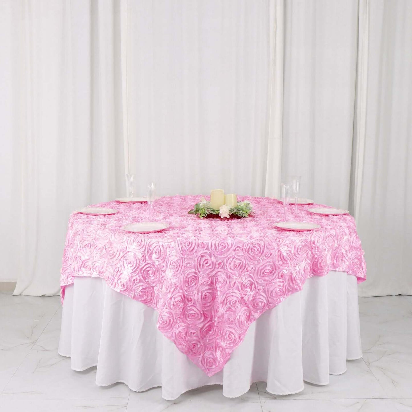 Satin 72"x72" Table Overlay Square Tablecloth Pink - 3D Rosette Table Cover - Linen Luxes